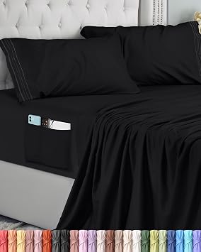 Utopia Bedding 3-Piece Sheet Set, 90 x 190 cm   Polyester Microfibre, Fitted Sheet with Storage Pockets, Flat Sheet and 1 Embroidered Pillowcase 90 Bed, Black