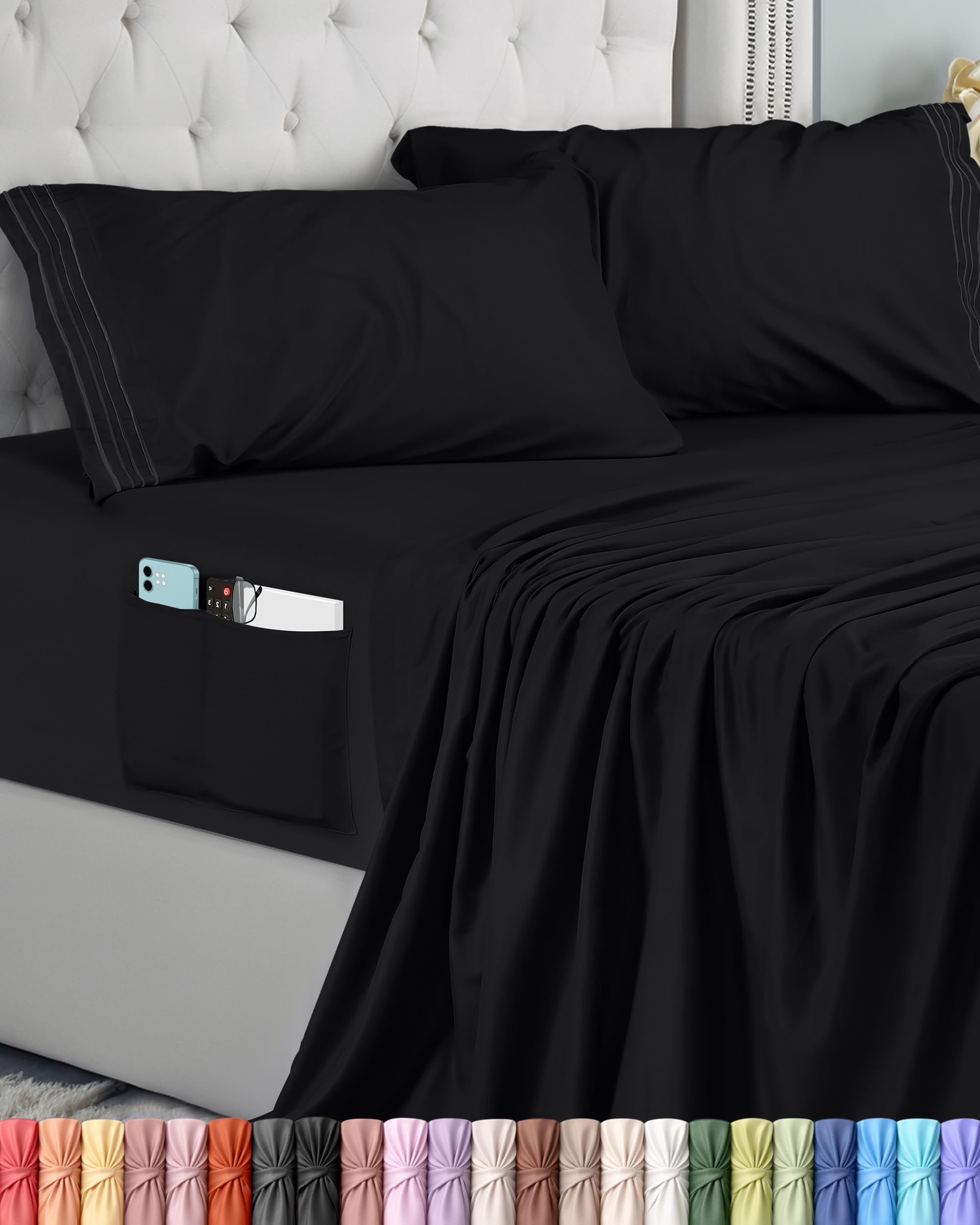 Utopia Bedding Set Lenzuola Matrimoniali 4 Pezzi 180x200 cm - Microfibra di Poliestere - Lenzuolo con Angoli con Tasche Portaoggetti, Lenzuolo Piatto e 2 Federe Ricamate, Nero