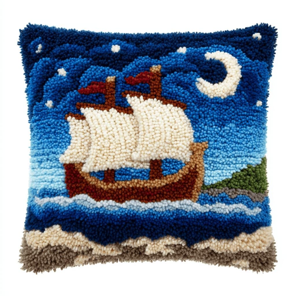 Latch Hook Pillow Kit For Adults,Sailboat 17X17In Latch Hook Kit For Pillow Cover With Instruction For Beginner Cross Stitch Sofa Cushion Cover With Crochet Yarn For Beginners And Home Decor