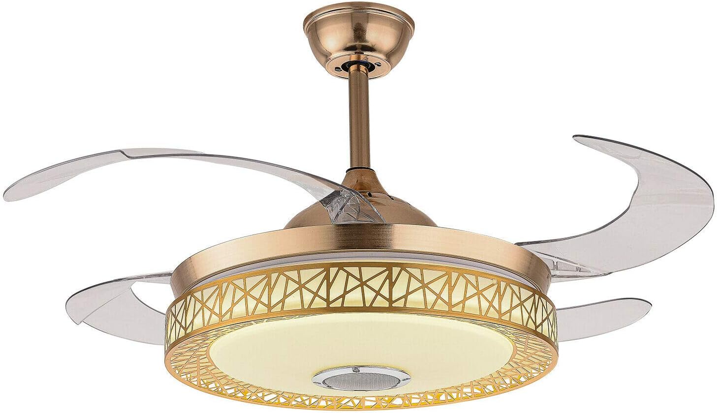 DNYSYSJ 42" Retractable Ceiling Fan with Lights, Invisible LED Ceiling Fan Lamp with Remote Contriol and Music Player Dimmable LED Chandelier 3 Lighting Colors 3 Speeds (Gold)