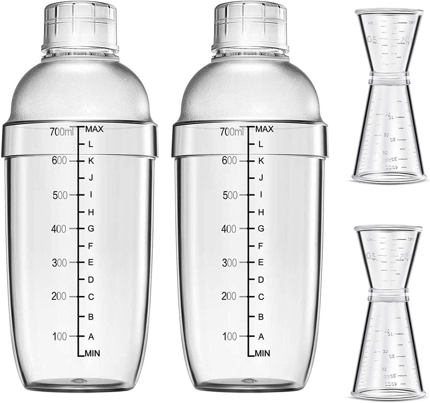4 Pcs Clear Cocktail Shaker Set,2Pcs 24oz Drink Shaker and Measuring Jigger Set for Bar Party Home Use Wine Shaker Bar Mixing Tool