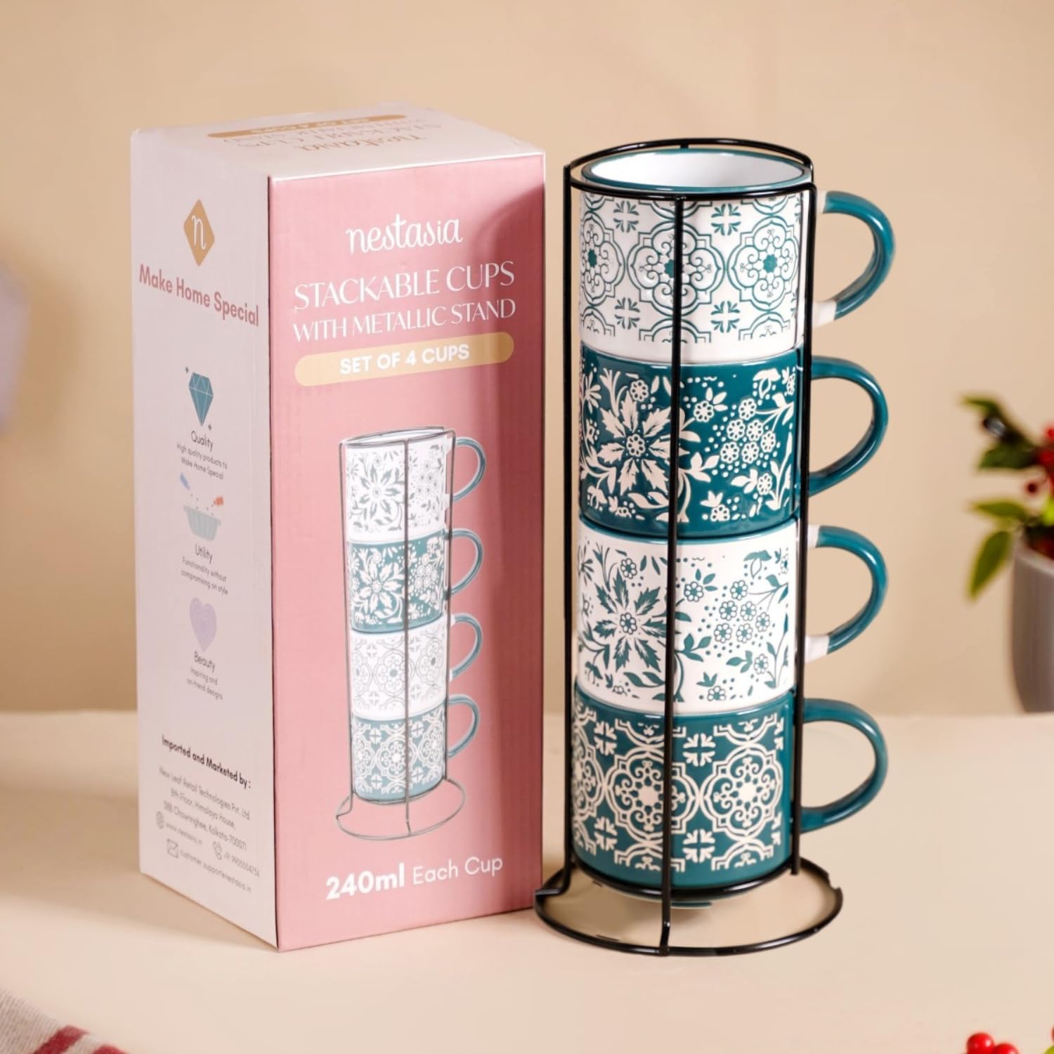 Nestasia Stackable Ceramic Cups Set of 4 (240 ml Each) | Microwave & Dishwasher Safe Tea & Coffee Cups with Glossy Finish | Ideal for Gifting (Floral Green)