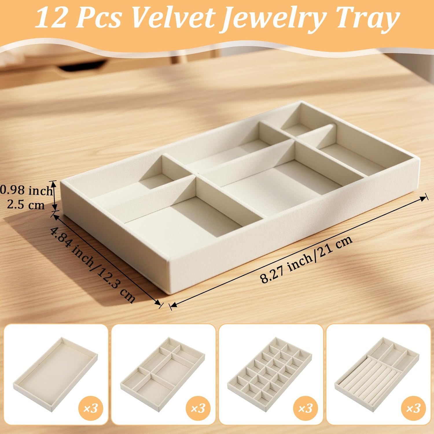 12 Pack Velvet Jewelry Organizer Trays for Drawer, Stackable Storage Display Case with Removable Dividers for Necklace, Bracelet, Rings, Earrings - Beige