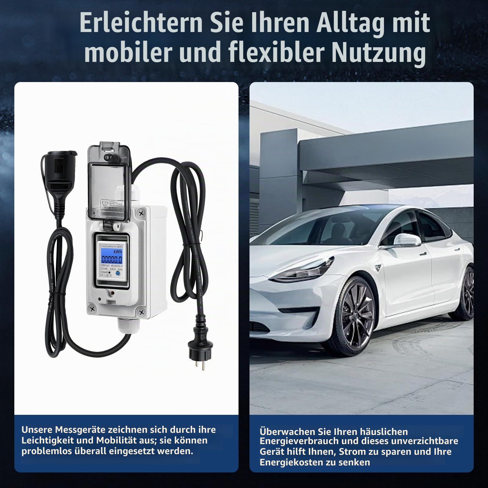 Mobiler Digitaler Stromzähler 230V 16A – Digitaler Stromverbrauchsmesser mit IP67 Wasserdich, Gummischlauchkabel, Industriesteck LED Stromzähler mit Reset für Wohnmobile Elektrofahrzeuge Haushalte