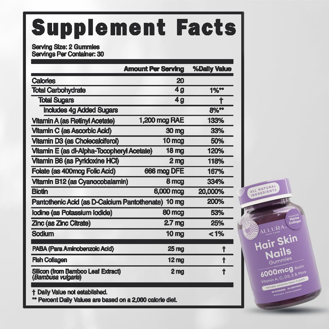 Hair Skin and Nails Vitamins for Women – Extra Strength 6000mcg Biotin Hair Gummies with Marine Collagen, Vitamin E, A, C & PABA for Hair Growth, Healthy Skin & Nails – Made in US, Passion Fruit, 60ct — Amazon image 4