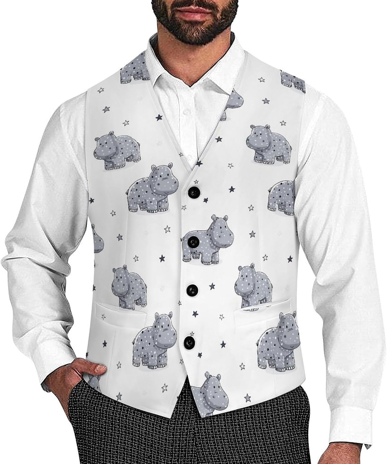 Hippo Print Men's Suit Vest Formal Vests Casual Dress Fit Waistcoat Casual Tuxedo for Business