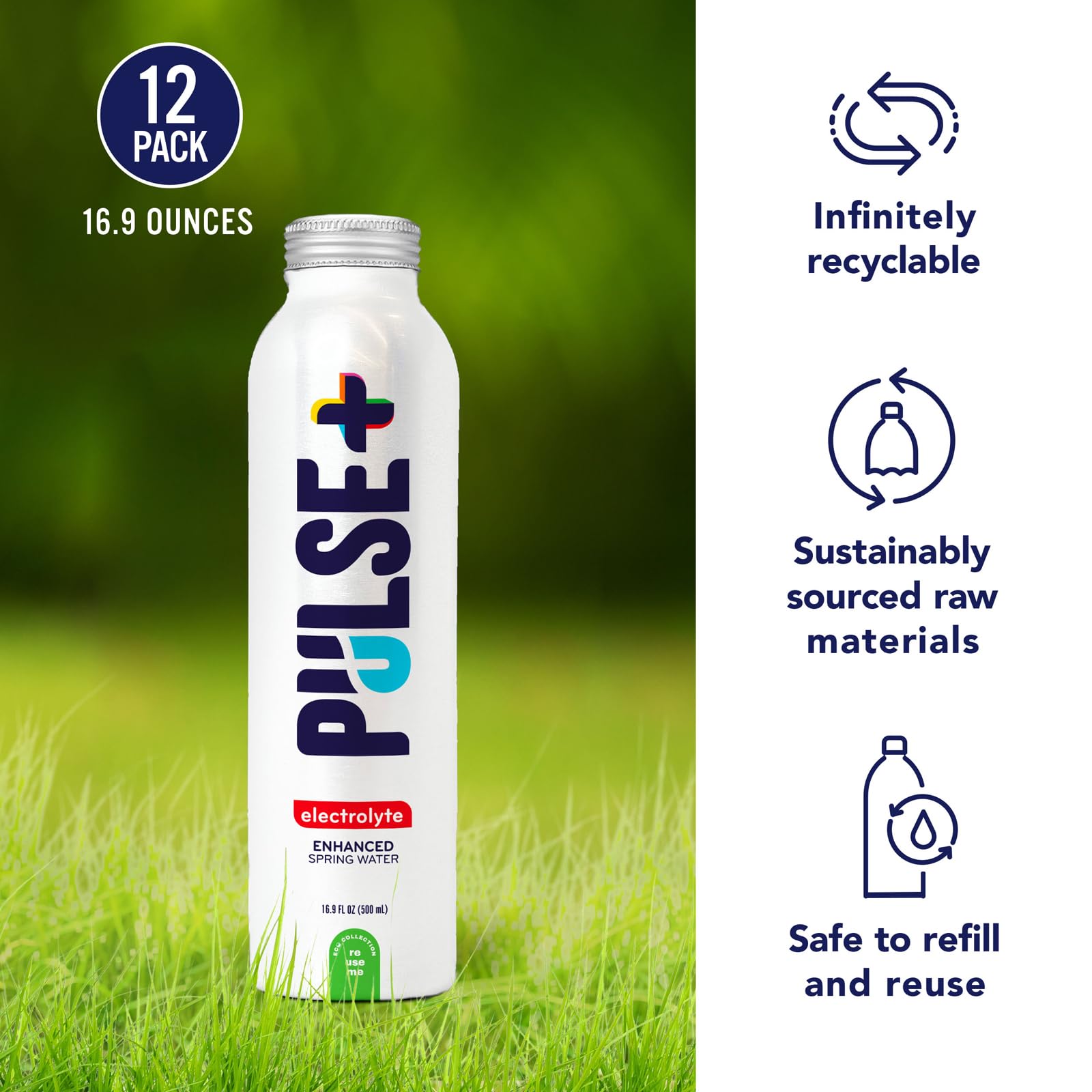 Pulse+ Electrolyte Water - Naturally Filtered Spring Water in 16.9-Ounce Aluminum Bottles, Recyclable and BPA-Free - Case of 12