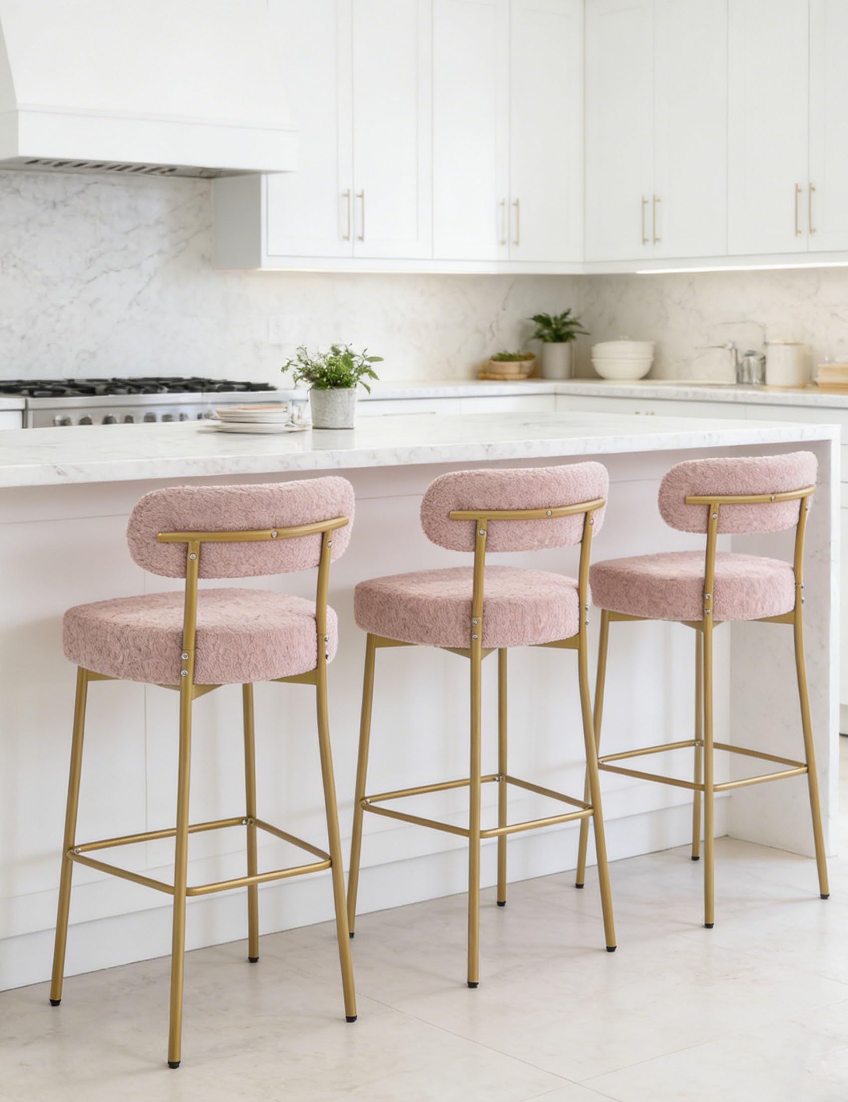 AurnaGle Pink Bar Stools Set of 3, Boucle Counter Height Bar Stools, 24" Modern Counter Stools with Backs, Upholstered Barstools with Gold Legs for