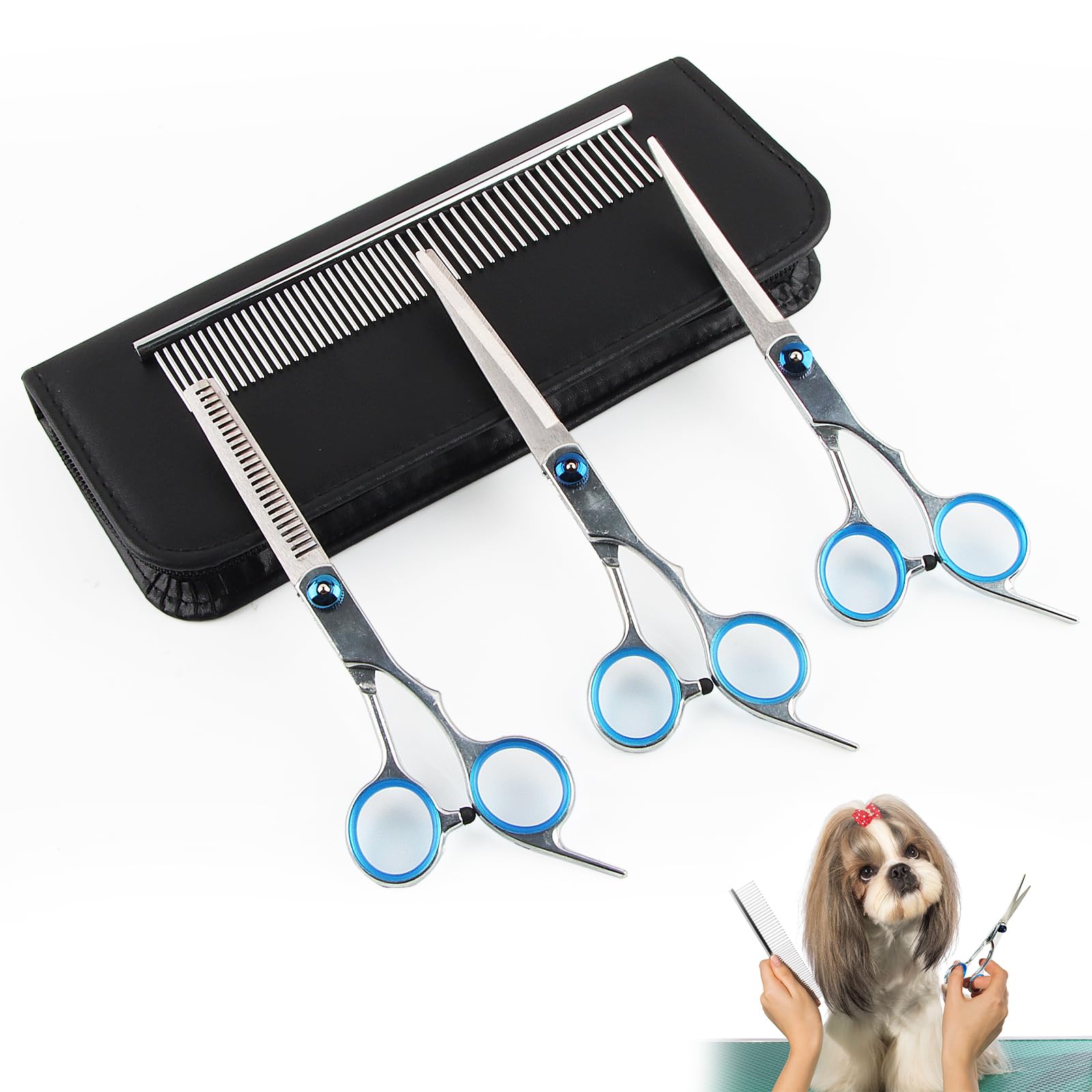HYran Tijeras Peluqueria Canina, 4 in 1 Tijeras Perro, Tijeras de Aseo para Mascotas, Tijeras para Mascotas, Tijeras Canina de Acero Inoxidable, Kits de Aseo de Mascotas, Tijeras de Aseo Para Perros