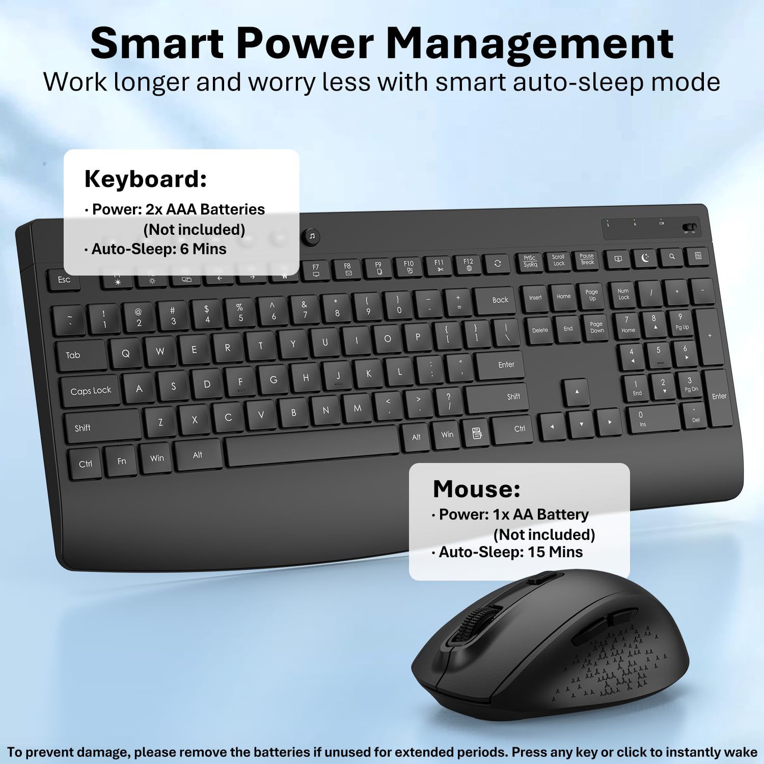Tastiera wireless e mouse combinata, set di computer ergonomico di dimensioni standard con poggiapolsi, USB 2.4G senza lag, digitazione silenziosa, clic silenzioso, spegnimento automatico per PC, Mac