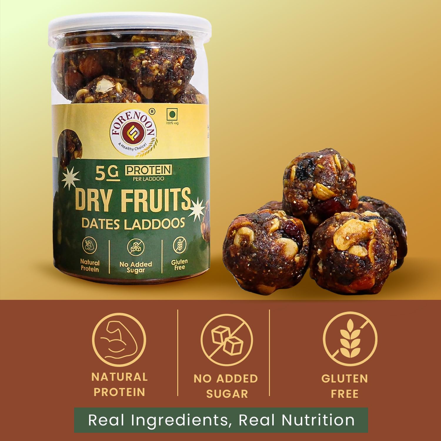 Fore Noon Dry Fruits Protein Laddoo | 5g Protein Per Piece | No Added Sugar, Gluten-Free | Made with Almonds, Walnuts, Cashews & Pistachios | High Fibre, Antioxidants & Natural Energy | Diabetic-Friendly Guilt-Free Snack | 225g Pack ( 9 x 25g ) 3