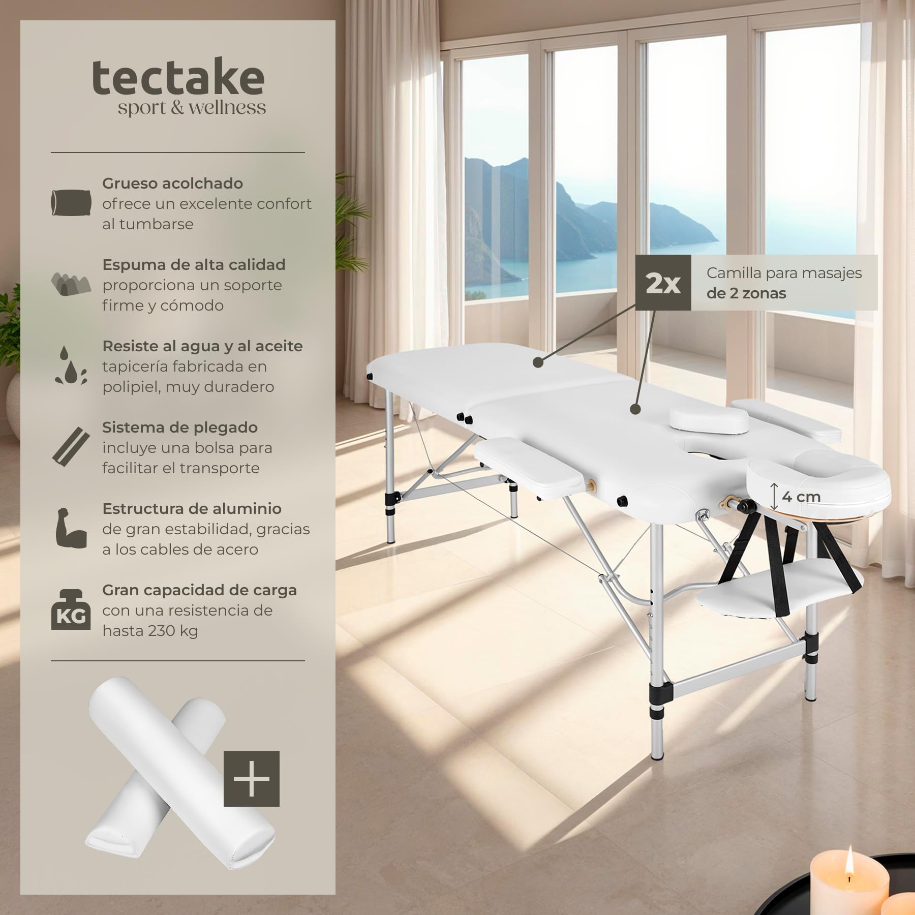 tectake® Camilla Masaje Plegable y Ajustable en Altura, Camilla Estética Profesional de Aluminio, Camilla Profesional Fisioterapia, Quiromasaje, Tatoos, 2 Zonas, con Cojines y Bolsa Transporte -Blanco