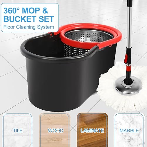 Miniatura 6 de Juego de trapeador giratorio y cubo con escurridor, 3 almohadillas de microfibra lavables incluidas para limpieza del piso, mango ajustable de acero