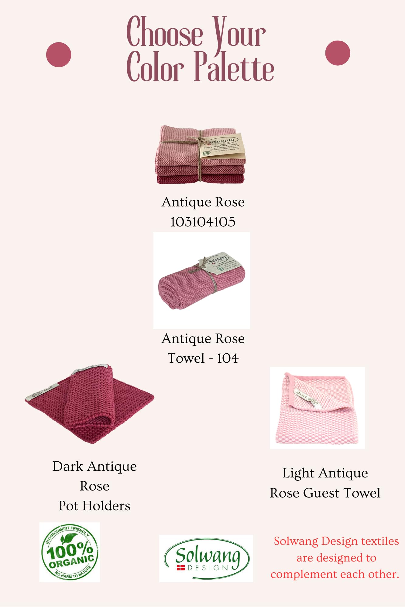 Dänische gestrickte Topflappen/heiße Pads aus dicker 100% zertifizierter Bio-Baumwolle, dänisches Design, hergestellt in Indien (Dk Antique Rose Bio)