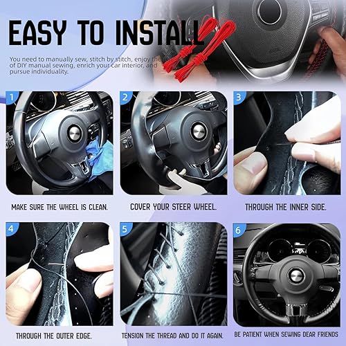 Miniatura 6 de DEEYOTA Funda para volante de automóvil, ajuste universal, punto redondo, funda fina de piel sintética cosida en volante de automóvil de 15 pulgadas