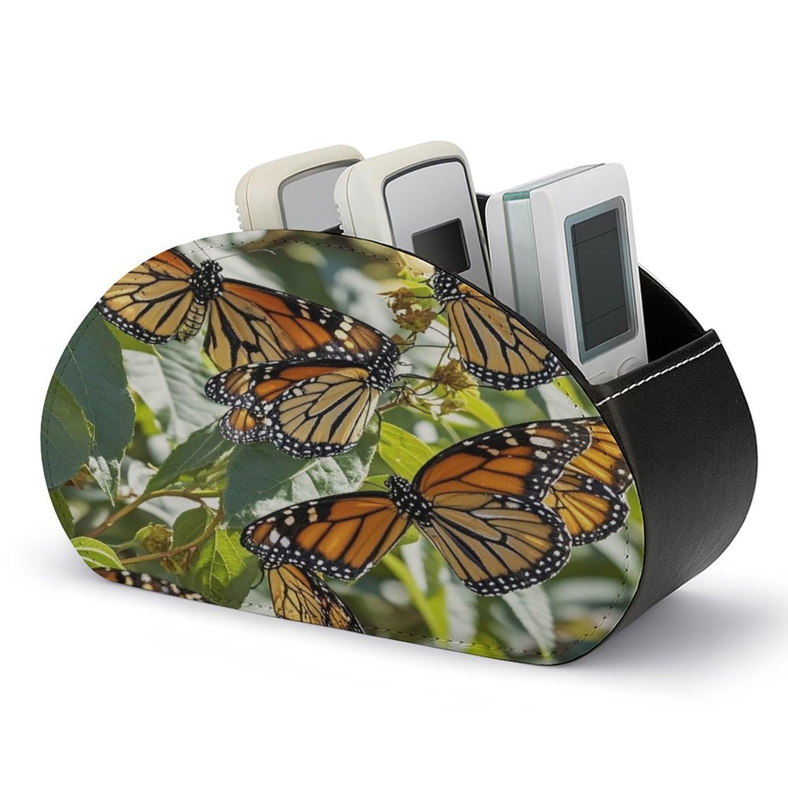 FekiLoot Leather TV Remote Control Holder with 5 Compartments Multifunctional TV Remote Holder Bedside Table Remote Caddy Storage Box Monarch Butterflies Remote Organizer for Home Office