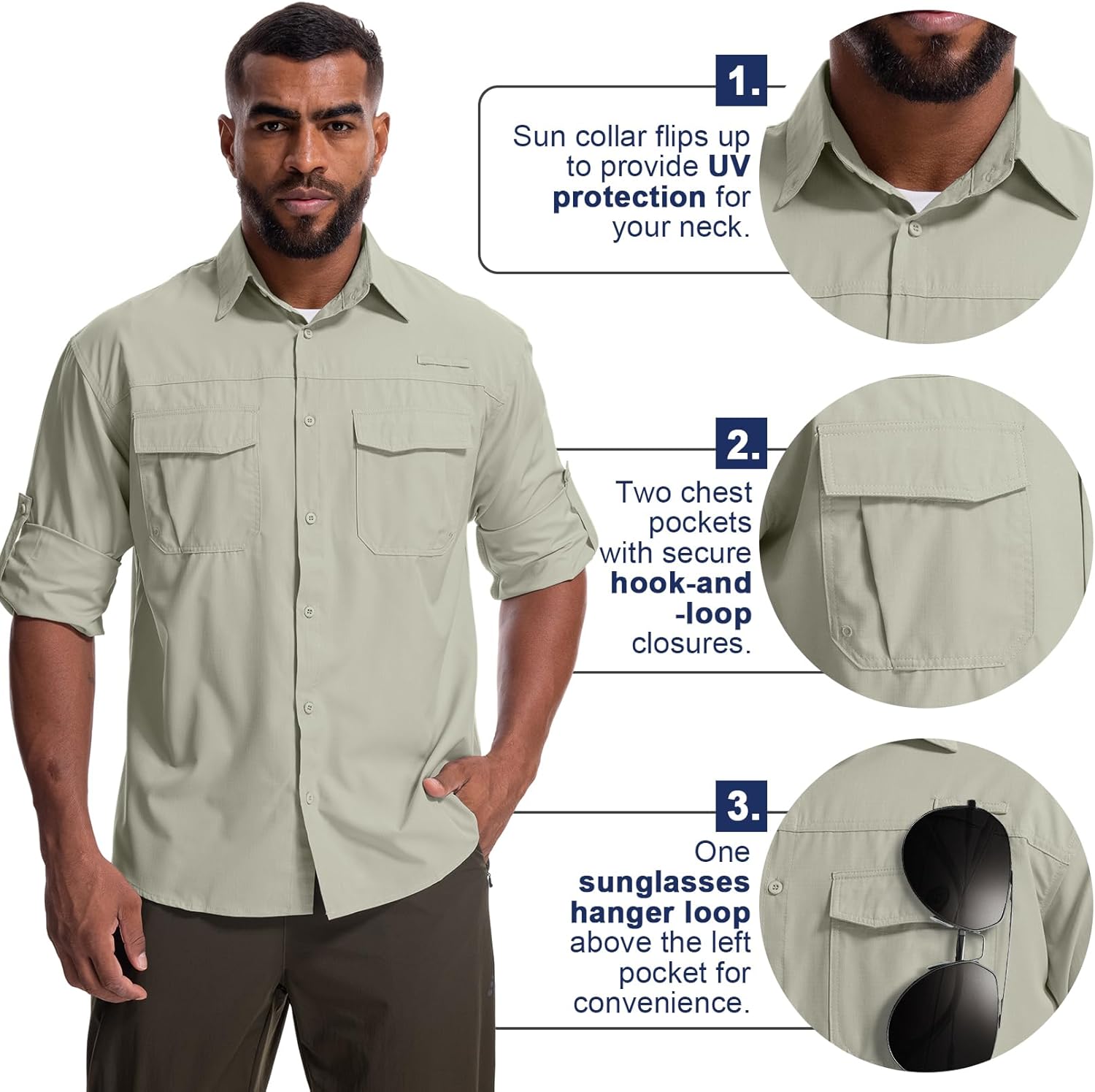 Mens Safari Sun Shirts UPF 50+ UV Sun Protection Long Sleeve Outdoor Quick Dry Fishing Hiking Gardening Shirts