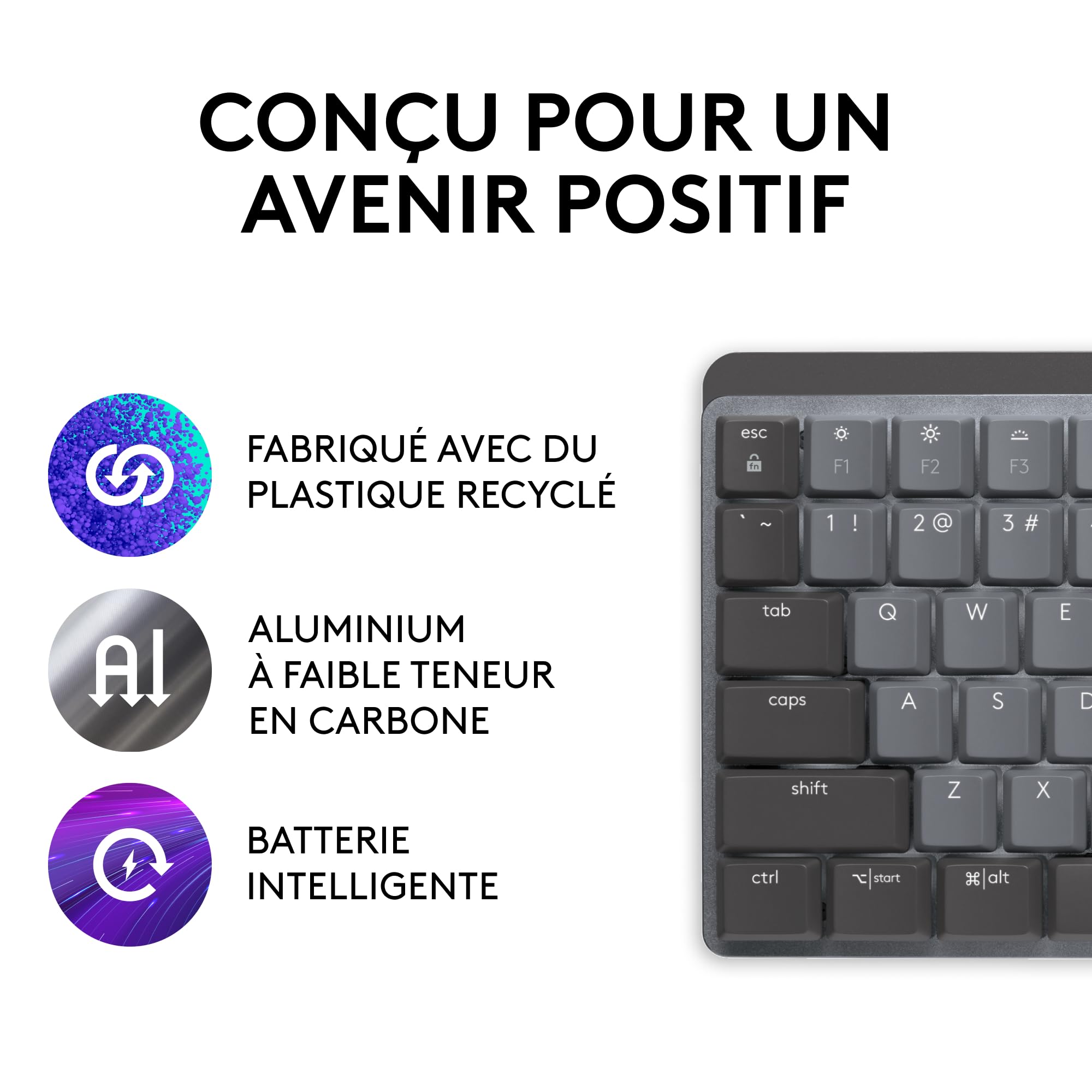 Logitech MX Mechanical Clavier sans Fil Rétroéclairé Performant, Boutons Tactiles Silencieux, Rétroéclairage, Bluetooth, USB-C, macOS, Windows, Linux, iOS, Android, Métal, Français AZERTY - Gris
