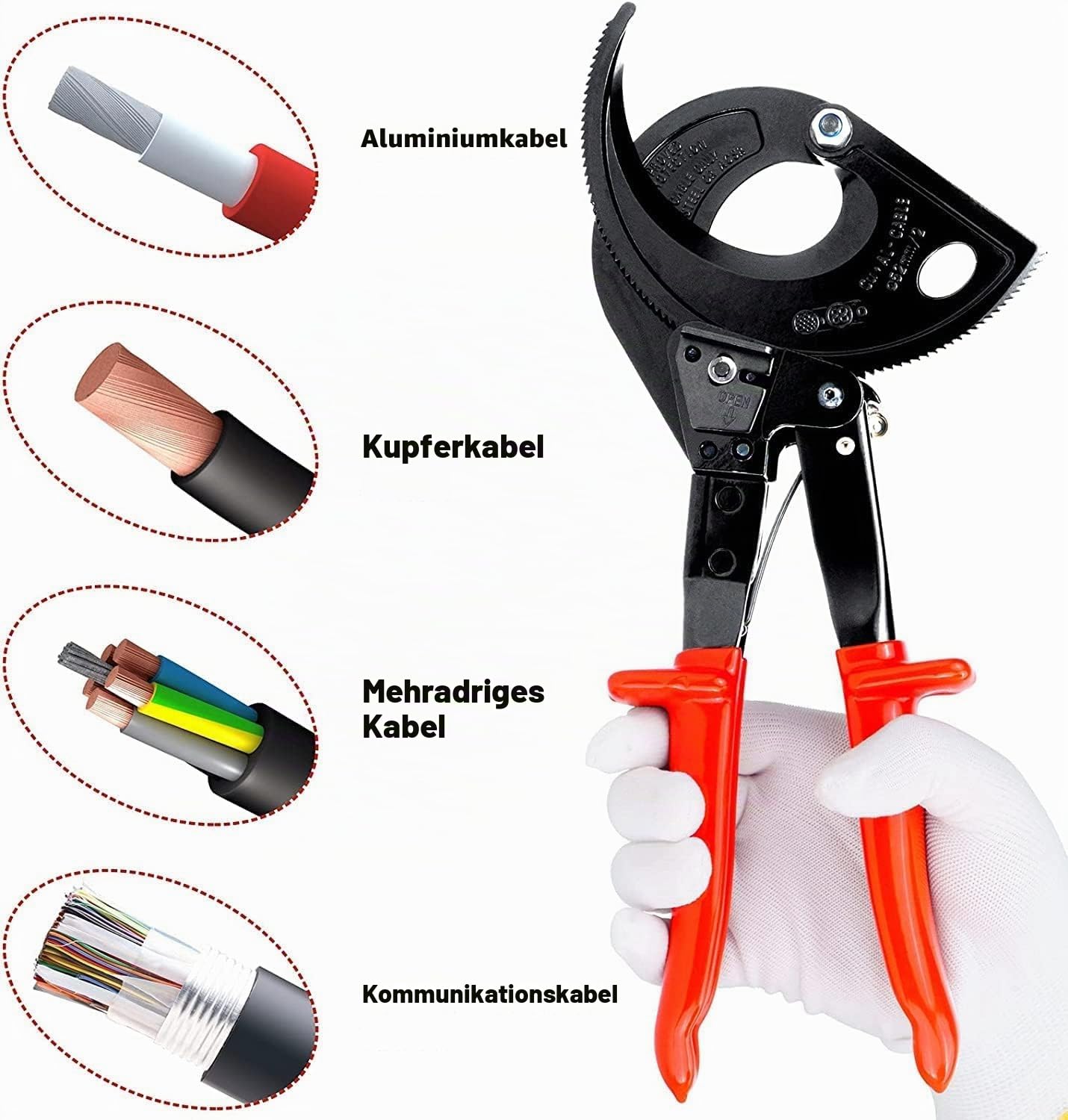 Kabelschere Ratschen-Kabelschneider, Ratschenkabelschneider Schneidet bis zu 400 mm², Ratschenschneider und Drahtkabelschneider, Druckverstellbarer Drahtschneider HS520A