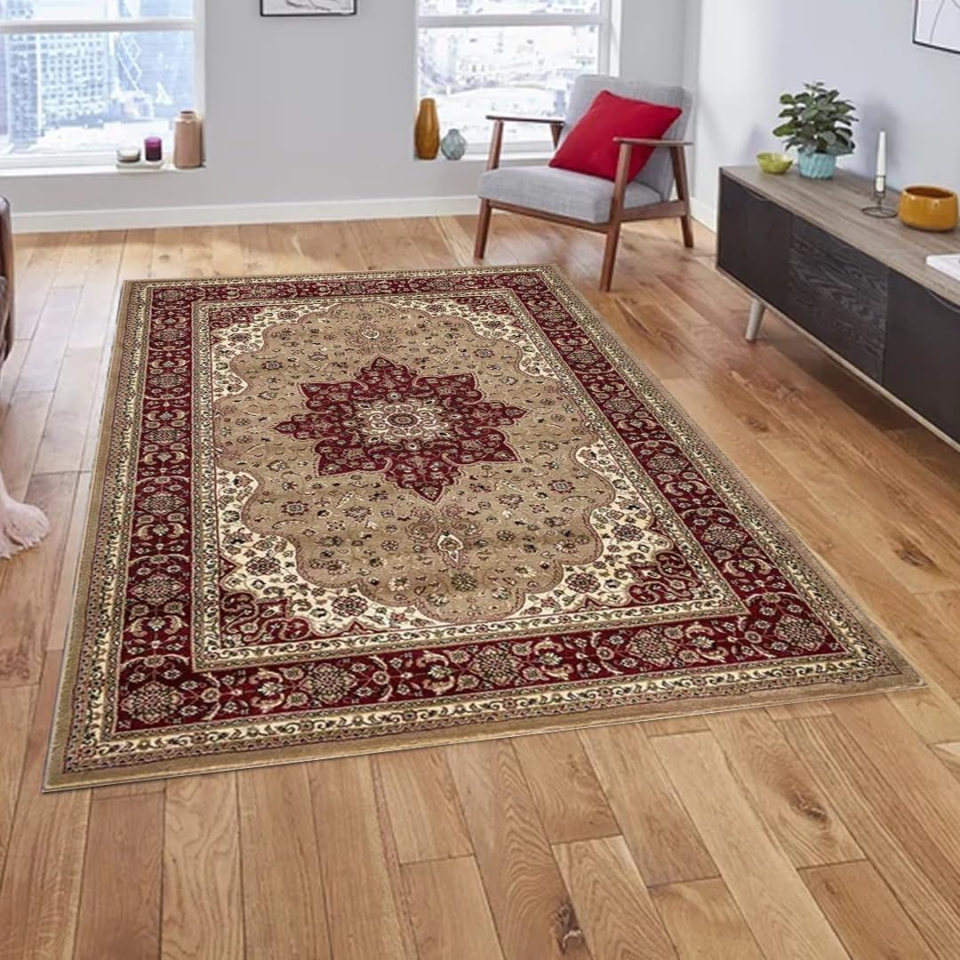 ZIYA HOMES Beige Area Rugs 200x290cm - Beautiful Modern Traditional Rug Vintage Design Carpet Hallway Runner Washable Rugs Low-Pile Indoor Floral Print Rugs Non Slip Mat Rug for Living Room