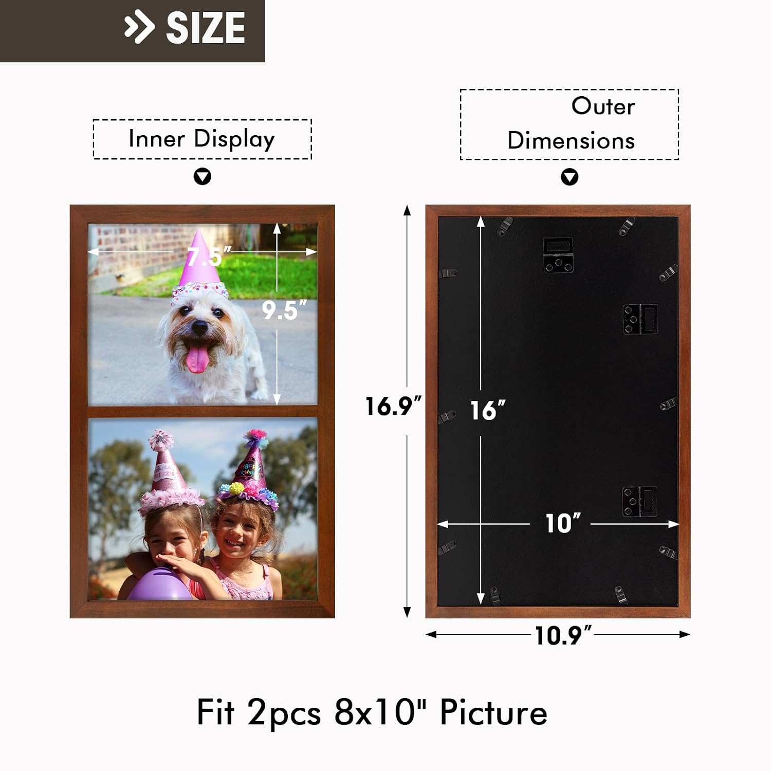 Golden State Art, 8x10 Double Picture Frame, Displays Two 8x10 Photos - Solid Wood - Real Glass For Wall Mounting (Brown, 1 Pack)