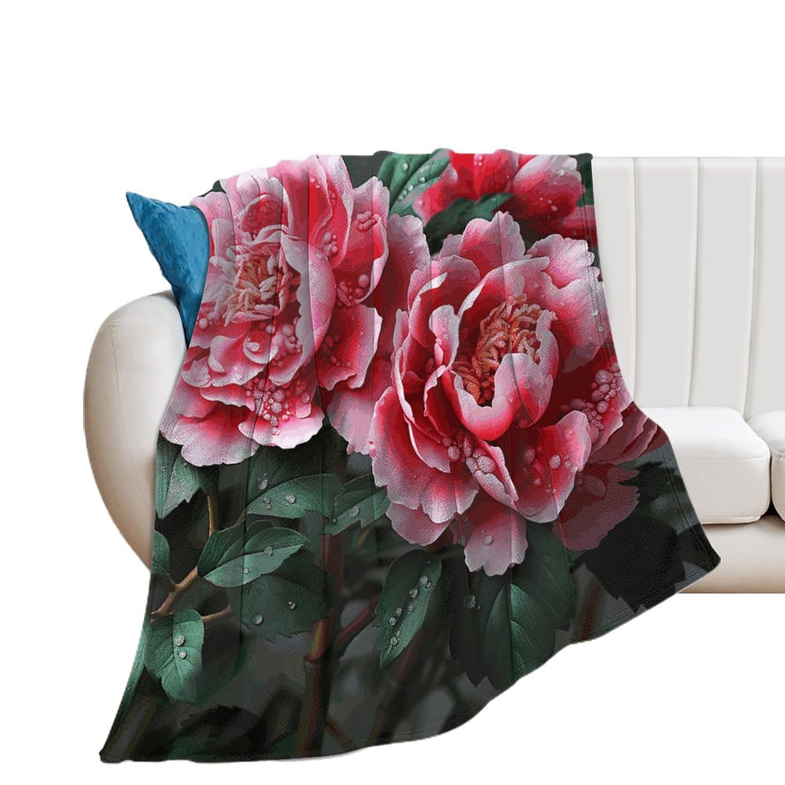 Couverture flanelle extra large motif pivoine en microfibre douce pour lit et canapé