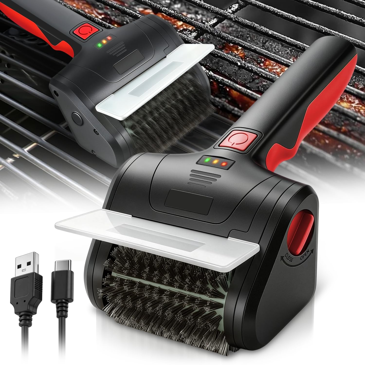 Auto Dynasty Electric BBQ Grill Brush, 304SS Rotating Head, Type-C, Red