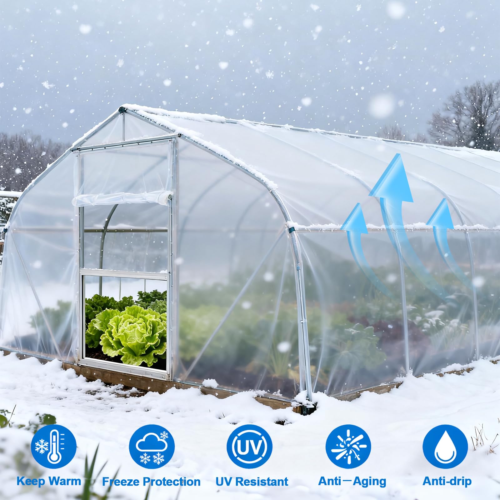 Pumtus Lámina de plástico para invernadero de 10 x 26 pies, película de polietileno transparente resistente a los rayos UV, resistente a los rayos UV, resistente al goteo, heladas, viento y polvo