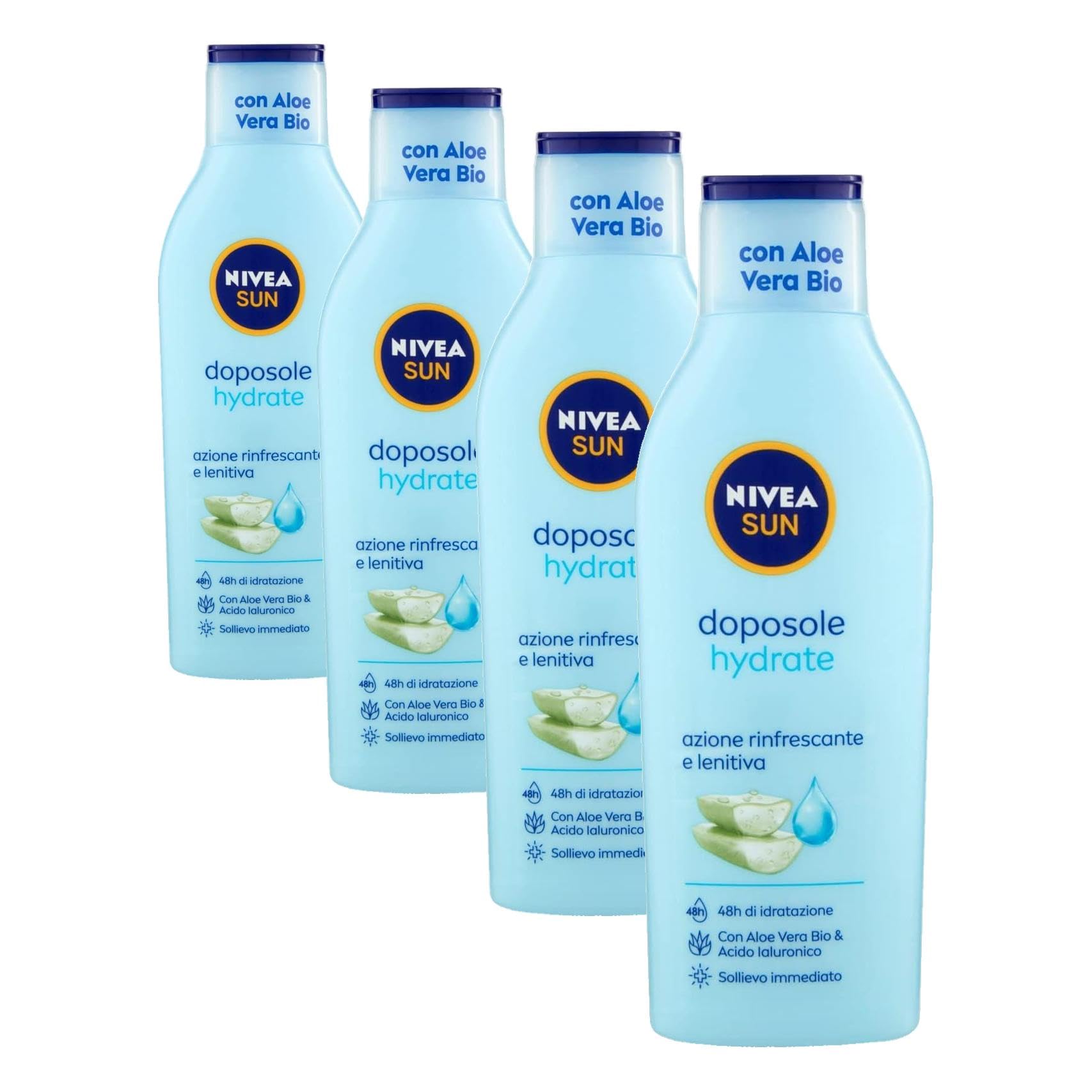 NIVEA SUN Lait Après-soleil Hydrate 200 ml, Crème après-soleil à l'aloe vera bio et acide hyaluronique, Crème hydratante pour le corps à action rafraîchissante et apaisante (Lot de 4)
