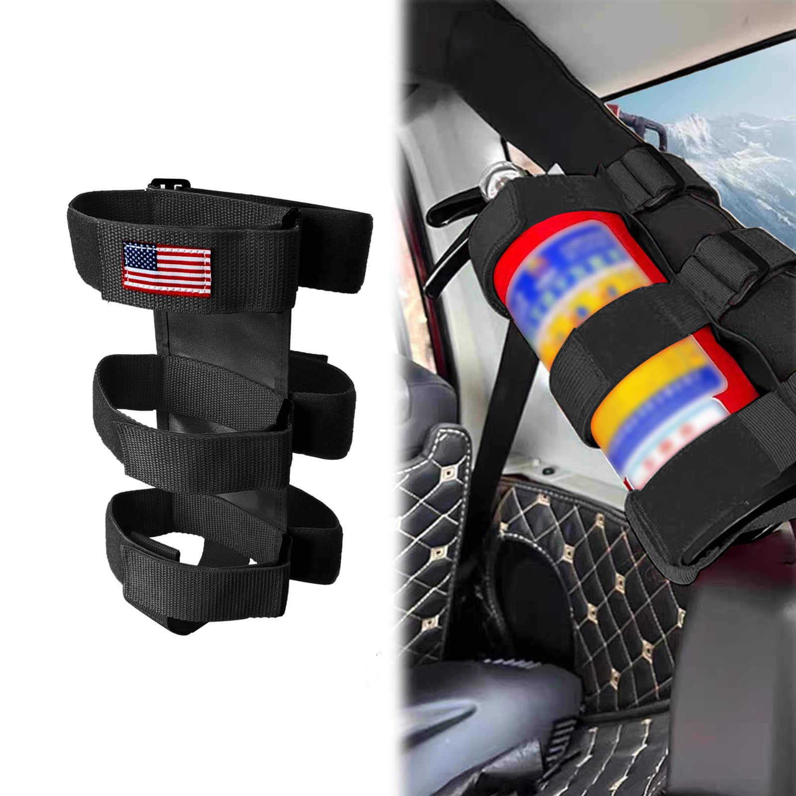 1PC Adjustable Fire Extinguisher Mount Strap, Compatible with Jp Wrangler 1965-2022 JK JKU TJ CJ Gladiator, American Flag Pattern, Fire Extinguisher Mount Holder, Black