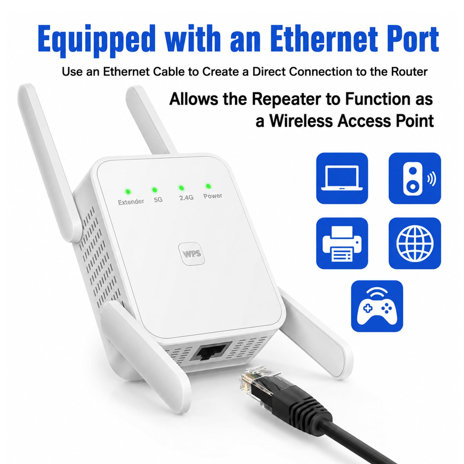 Amplificatore Wi-Fi, ripetitore Wi-Fi, ripetitore WiFi, 1200 Mbps, doppia banda con 4 antenne, per casa, ufficio e appartamento in affitto