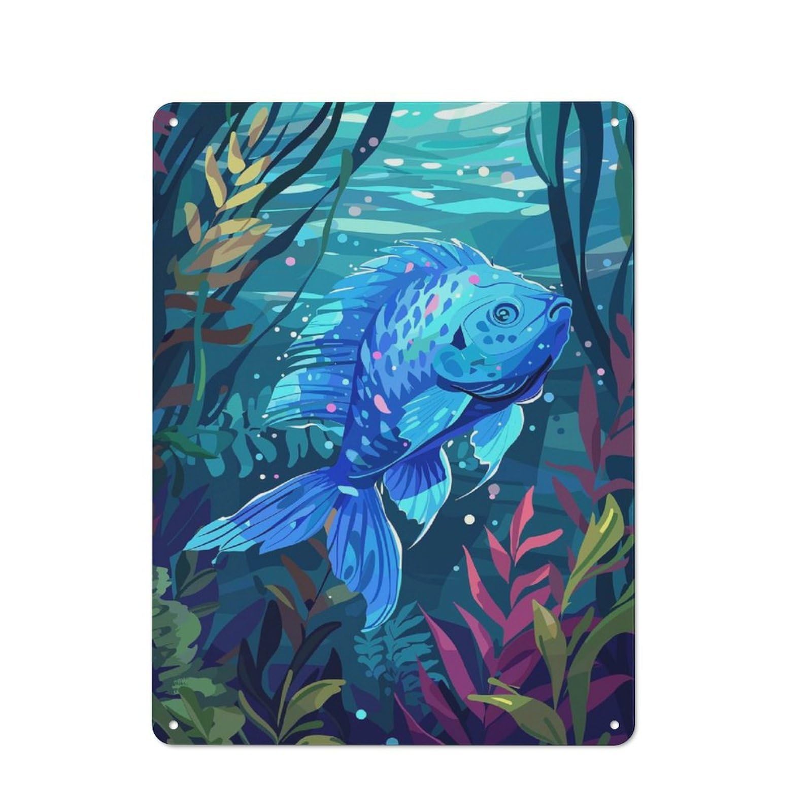 Junmoney Style-19 Rustic Tin Sign 40X30cm Featuring Blue Fish Underwater For Garage Or Workshop, For Garage, Workshop And Man Cave Decoration