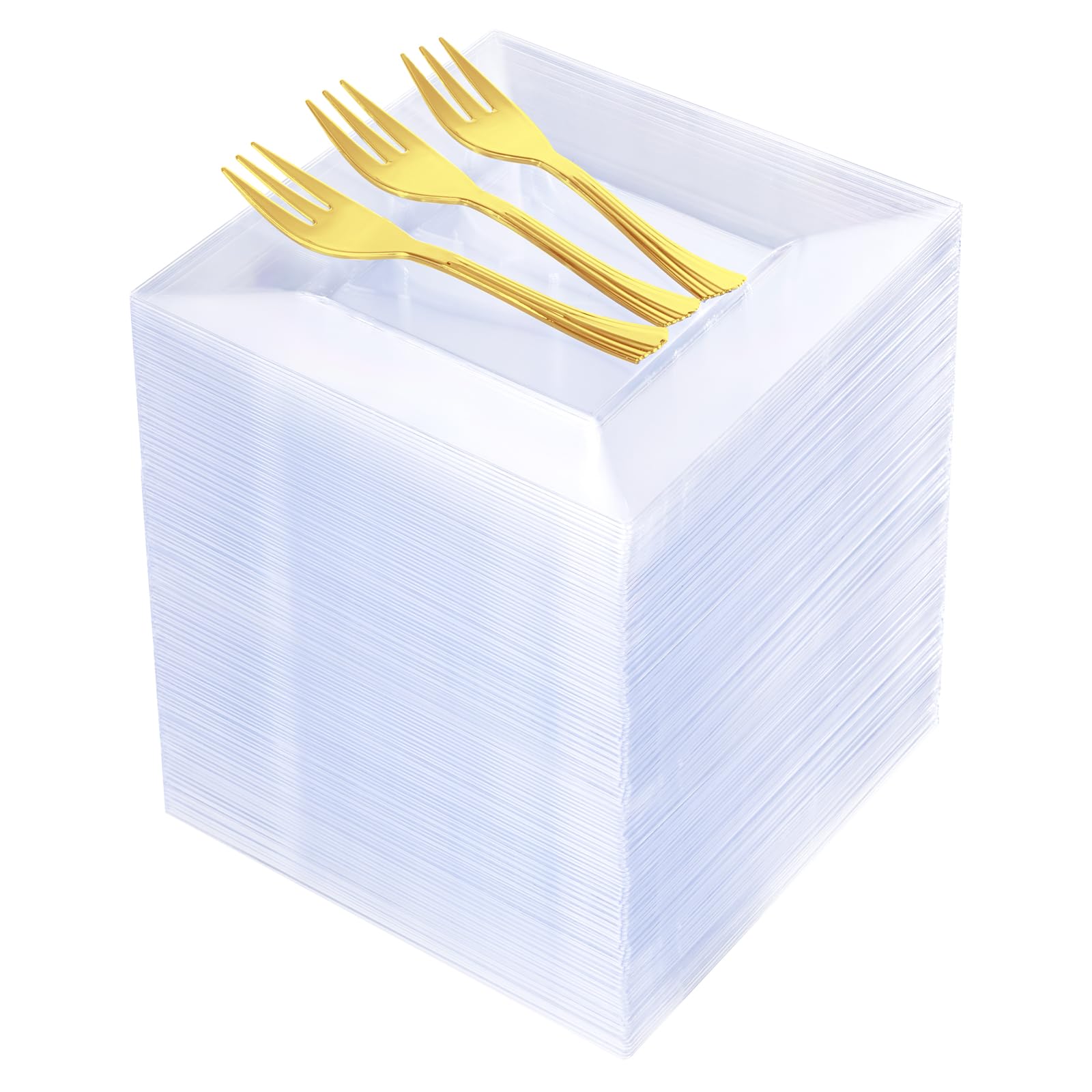 Photo 1 of 200Pcs Clear Dessert Plates with Gold Forks (100 Sets) - 6" Square Plastic Appetizer Plates Disposable - Heavy Duty Crystal Clear Cake Plates for Charcuterie, Wedding, Cocktail Party & Events