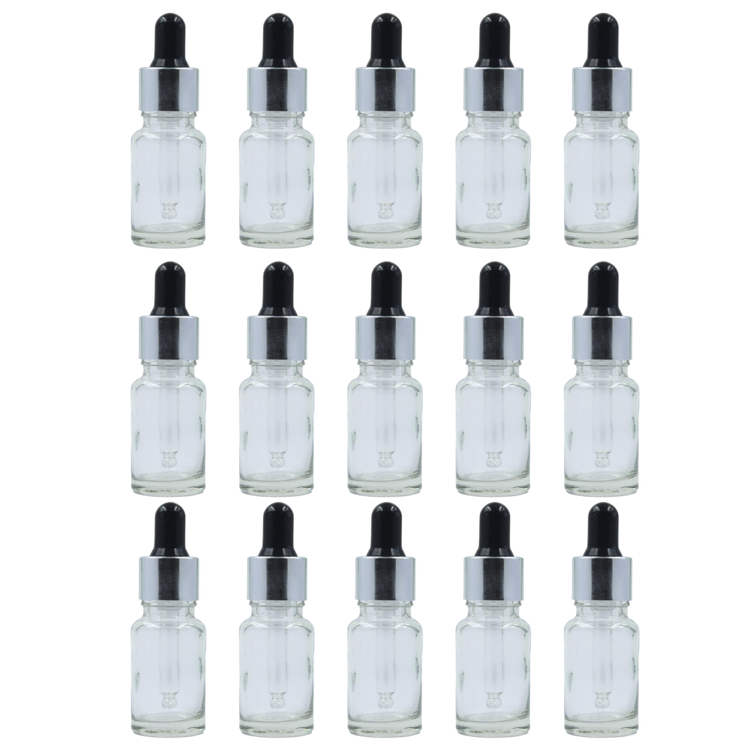 FUTURA MARKET Transparent Glass Bottle with Euro Dropper for Essential Oil, Fragrance,DIY Beauty care with Silver ring + Black Silicone Teat, Leak Proof, Reusable, Refillable. 10ML - Pack of 15-image-42