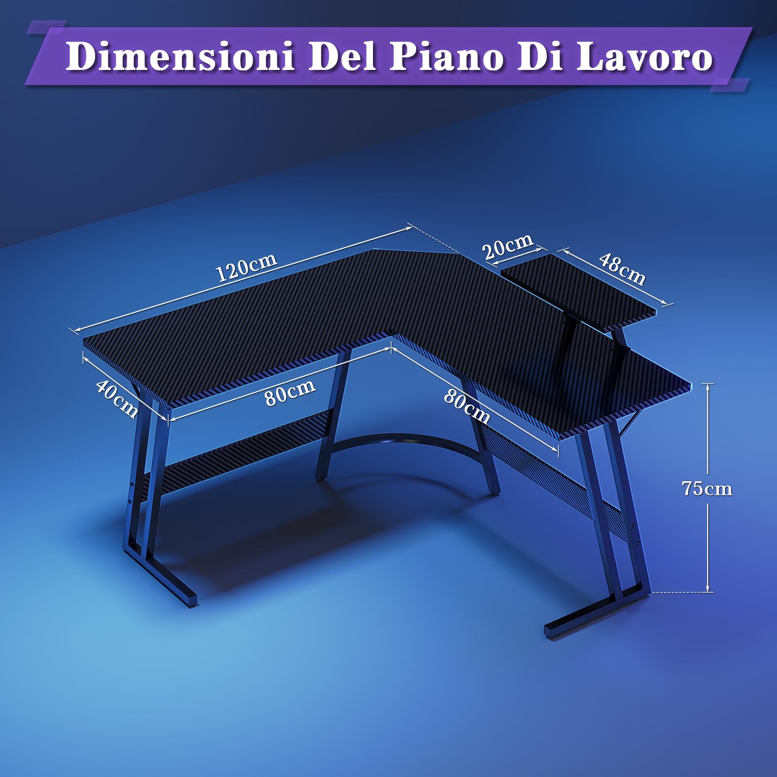 Devoko 120 x 120 cm Scrivania Gaming Angolare, Scrivania Angolare con Supporto per Monitor per Lo Studio, Il Gioco E Il Lavoro, Scrivania Gaming Ergonomica(Carbonio Nero)