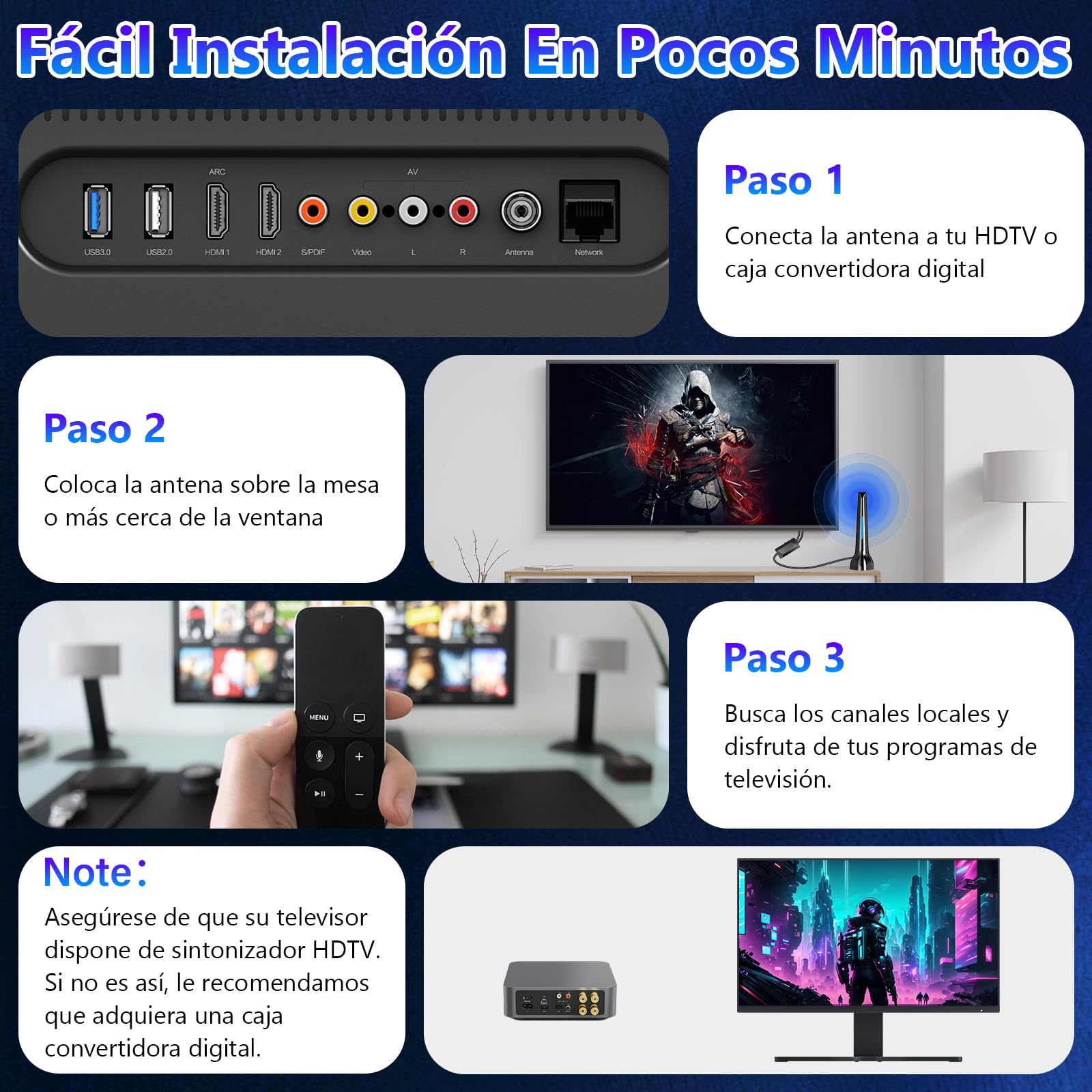 Antenne TV intérieure avec amplificateur réception 360° longue distance, antenne TV portable avec base magnétique, compatible avec 4K 1080P DTMB DVB-T2 DVB-T - Tous les téléviseurs