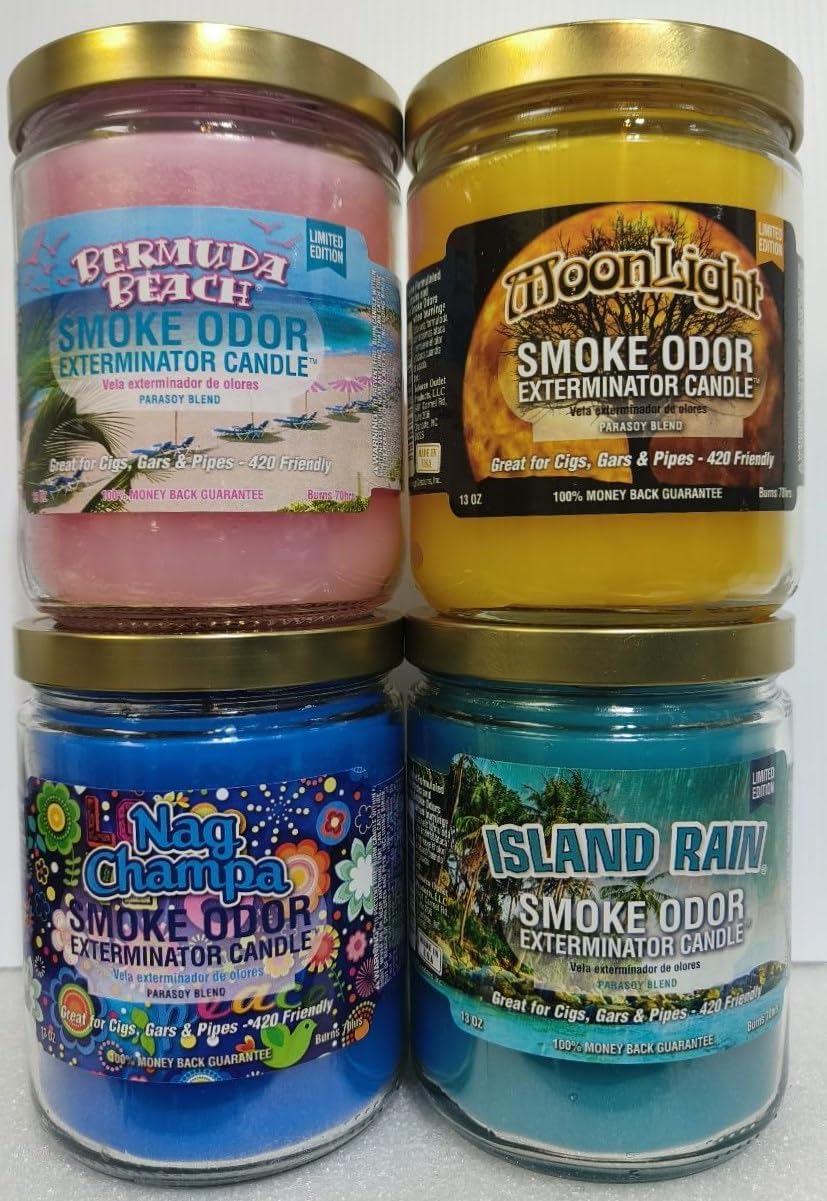 Smoke Odor Exterminator 13oz Jar Candle, Bermuda Beach 4 Pack. Smoke Odor Exterminator 13 oz Jar Candles Assortment Includes Bermuda Beach, Moon Light, Nag Champa and Island Rain.