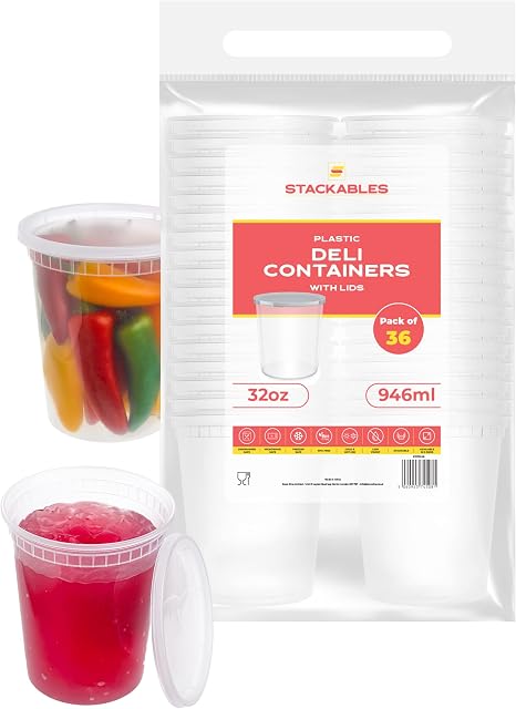 STACKABLES ~ 36 Pcs Food Storage Plastic Containers with Lids Combo Pack ~ 32oz Microwave & Dishwasher Safe Deli Food Containers with Lids Reusable Container Set Tubs for Meal Prep