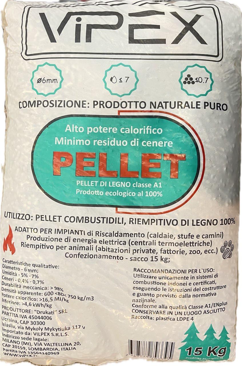 Pellet di Legno Classe A1, 15 kg, 6mm, Potere Calorifico Alto, Minimo Residuo di Cenere