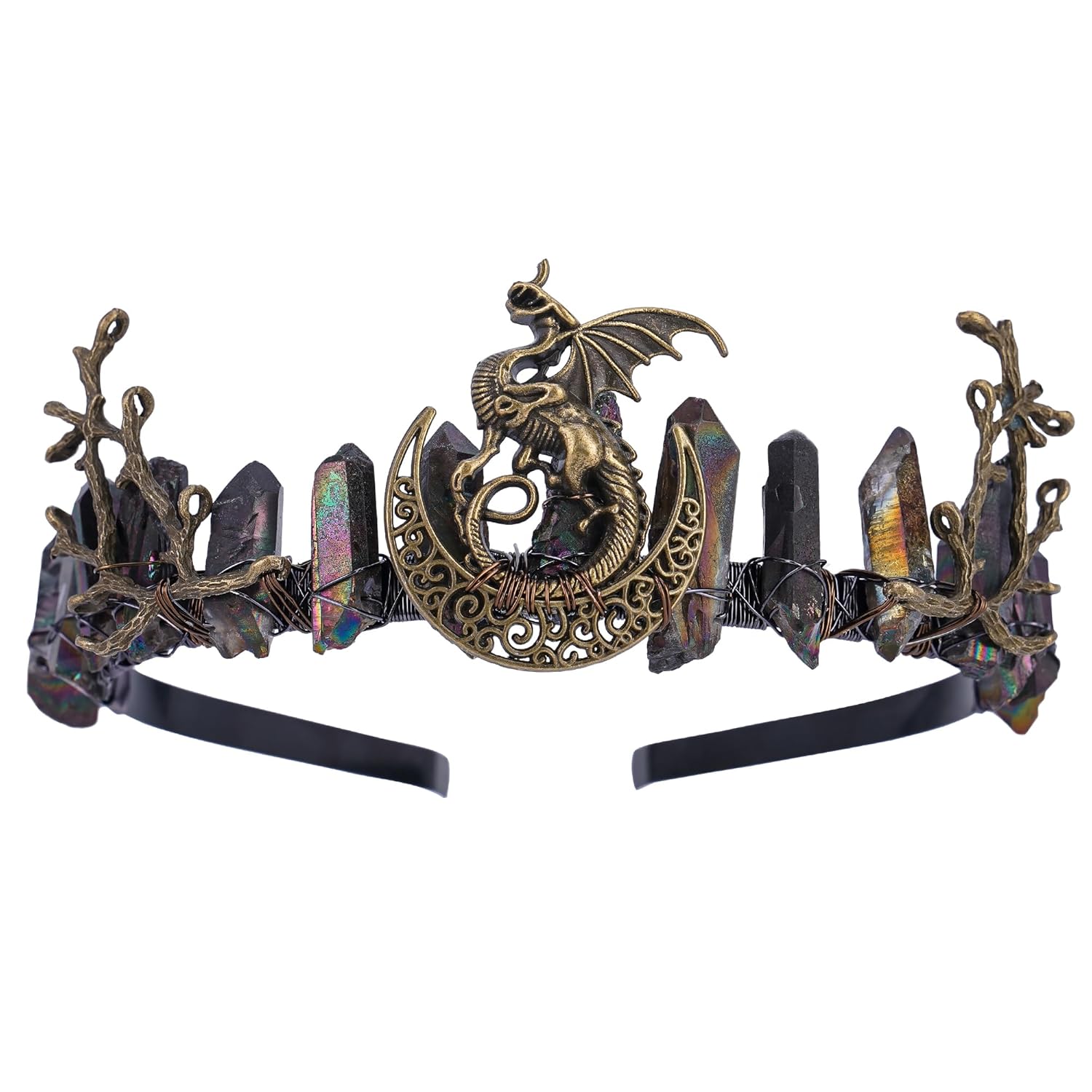 Black Fairy Crystal Crown - Elf Raw Quartz Tiara Forest Witch Crown Bronze Vintage Dragon Branch Headdress Fantasy Elven Circlet for Festival Wedding Party Halloween Masquerade