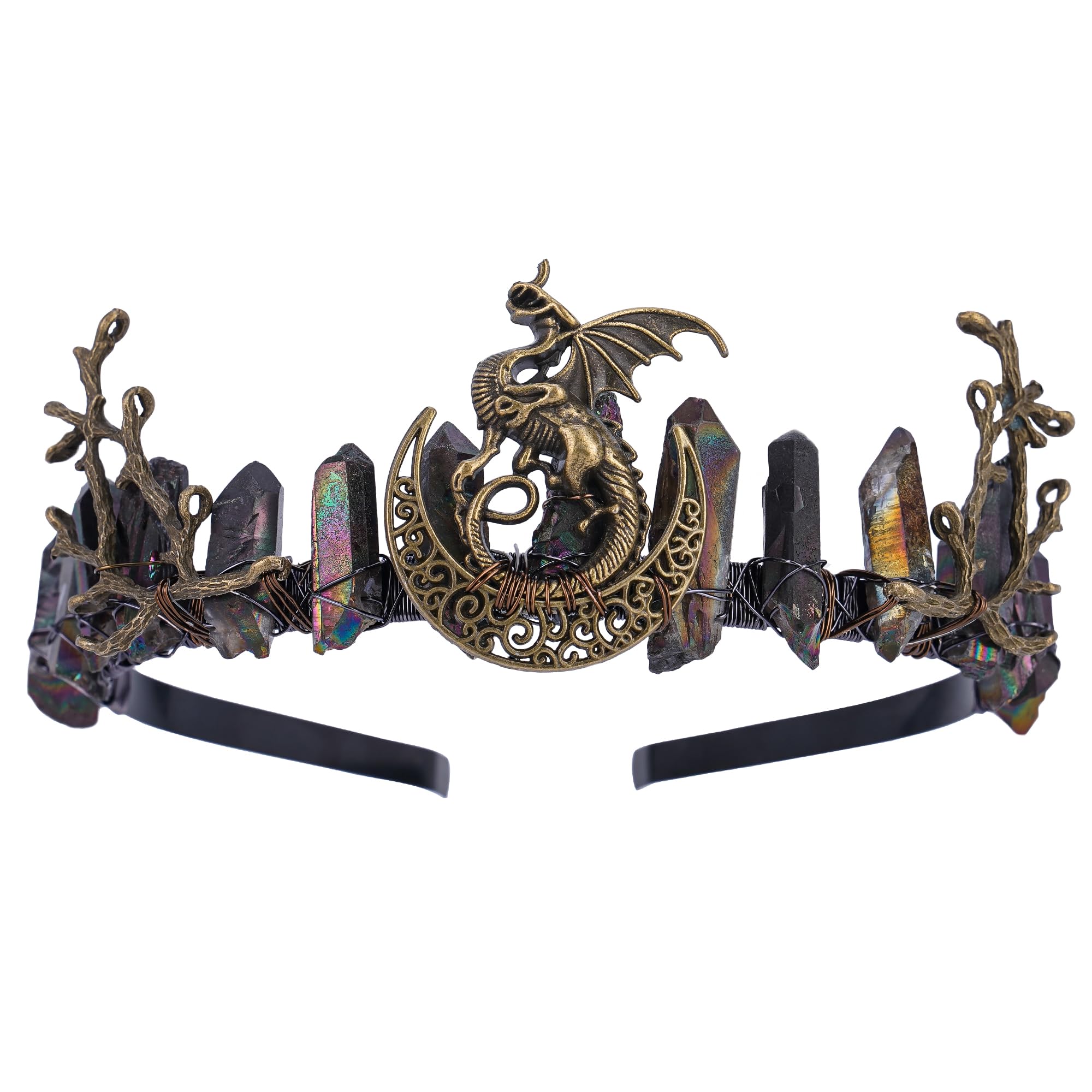 Black Fairy Crystal Crown - Elf Raw Quartz Tiara Forest Witch Crown Bronze Vintage Dragon Branch Headdress Fantasy Elven Circlet for Festival Wedding Party Halloween Masquerade