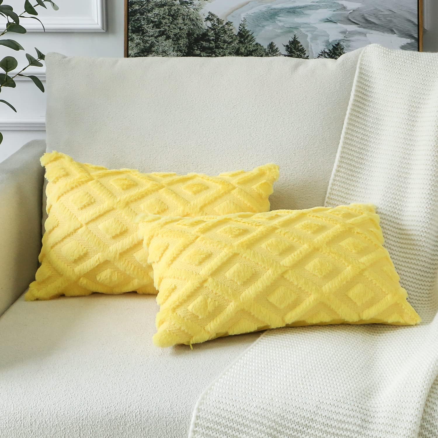 Artscope Pack of 2 Decorative Throw Pillow Covers Soft Plush Short Wool Velvet Cushion Cover Luxury Pillow Cases for Couch Sofa Bedroom Lemon Yellow, 12"x20"