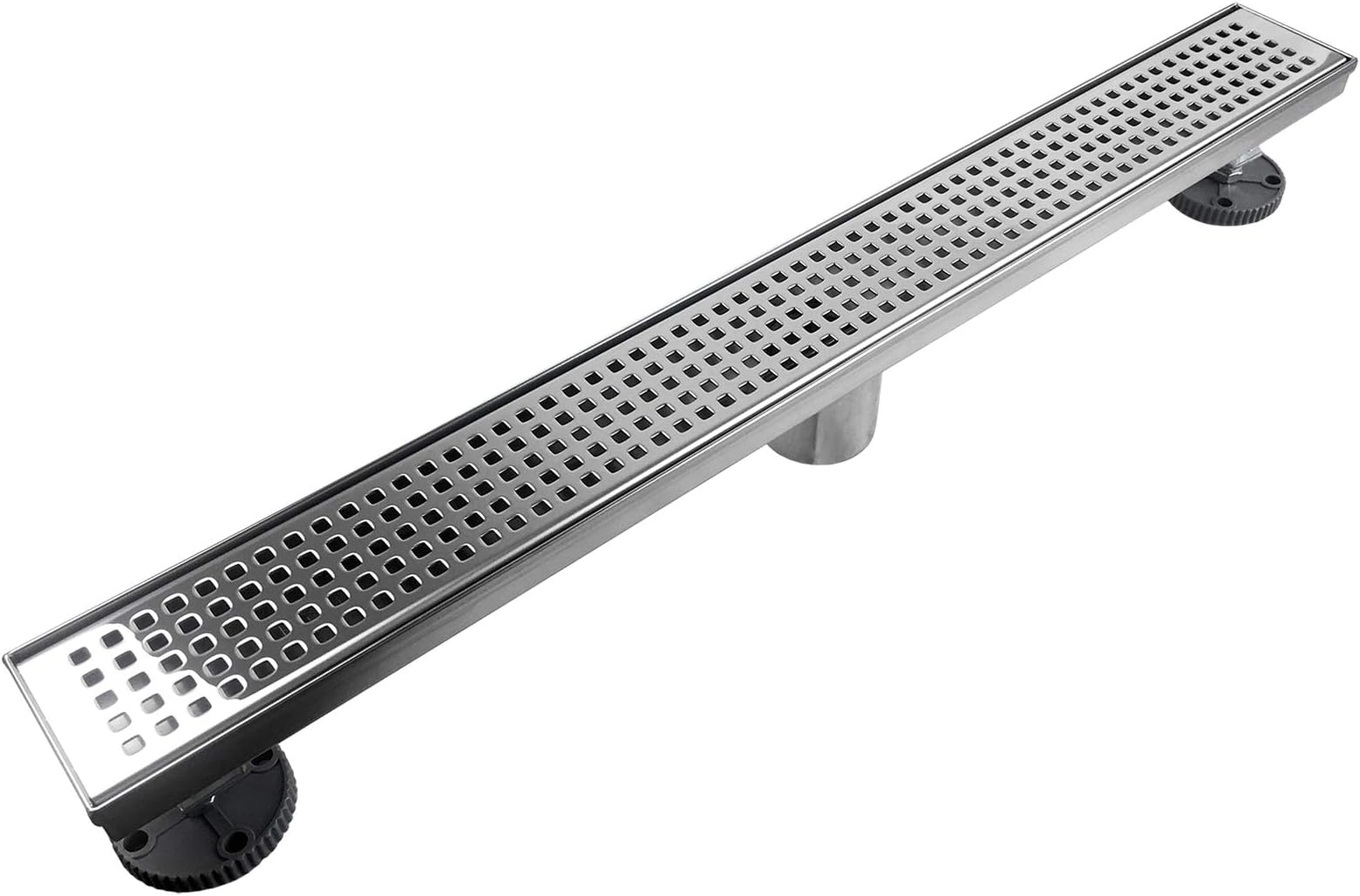 Neodrain Chrome 24-Inch Linear Shower Drain with Removable Quadrato Pattern Grate, Polished 304 Stainless Steel Rectangular Shower Floor Drain,with Leveling Feet, Hair Strainer