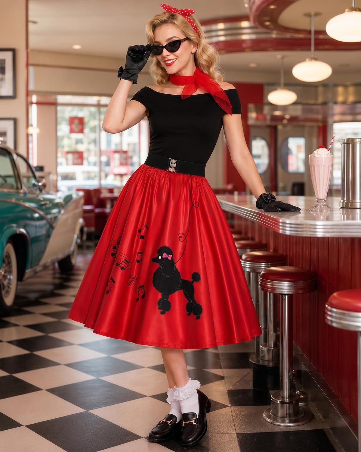 1950s Sock Hop Costume for Women Poodle Skirt Off Shoulder Top Set | Classic 1950s sock hop look for women, ideal for retro parties, Halloween, rockabilly events, school dances and stage shows