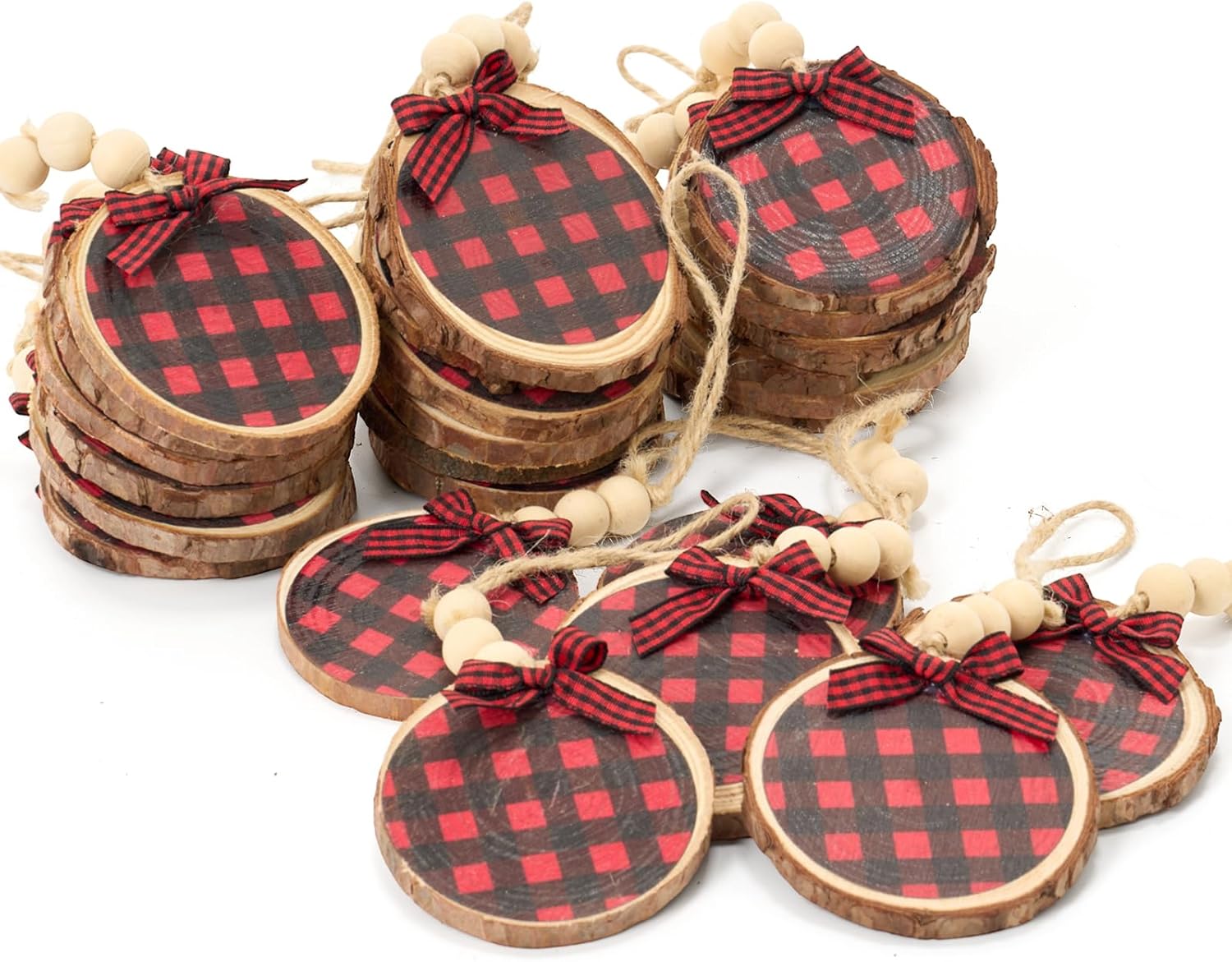 Sawysine 36 Pcs Wooden Christmas Ornament 2.8 to 3.2 Inch Craft Wooden Kit Natural Wood Slices with Round Natural Wood Beads and Buffalo Plaid Bow for Arts and Crafts Christmas Ornaments(Black, Red)