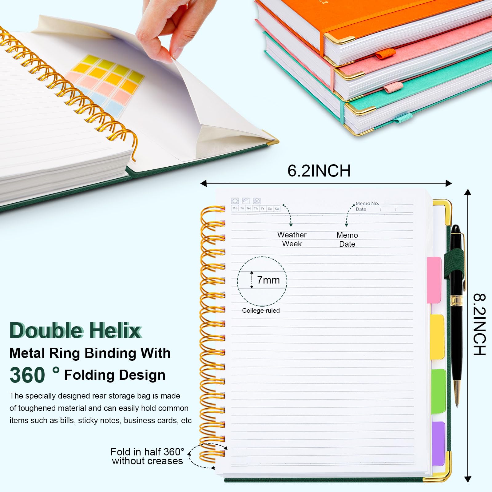 Taccuino a spirale con copertina rigida, 15,7 x 20,8 cm, con linguette e divisori rimovibili, 300 pagine, 5 soggetti, a righe, in ecopelle, per donne, scuola, lavoro (verde)