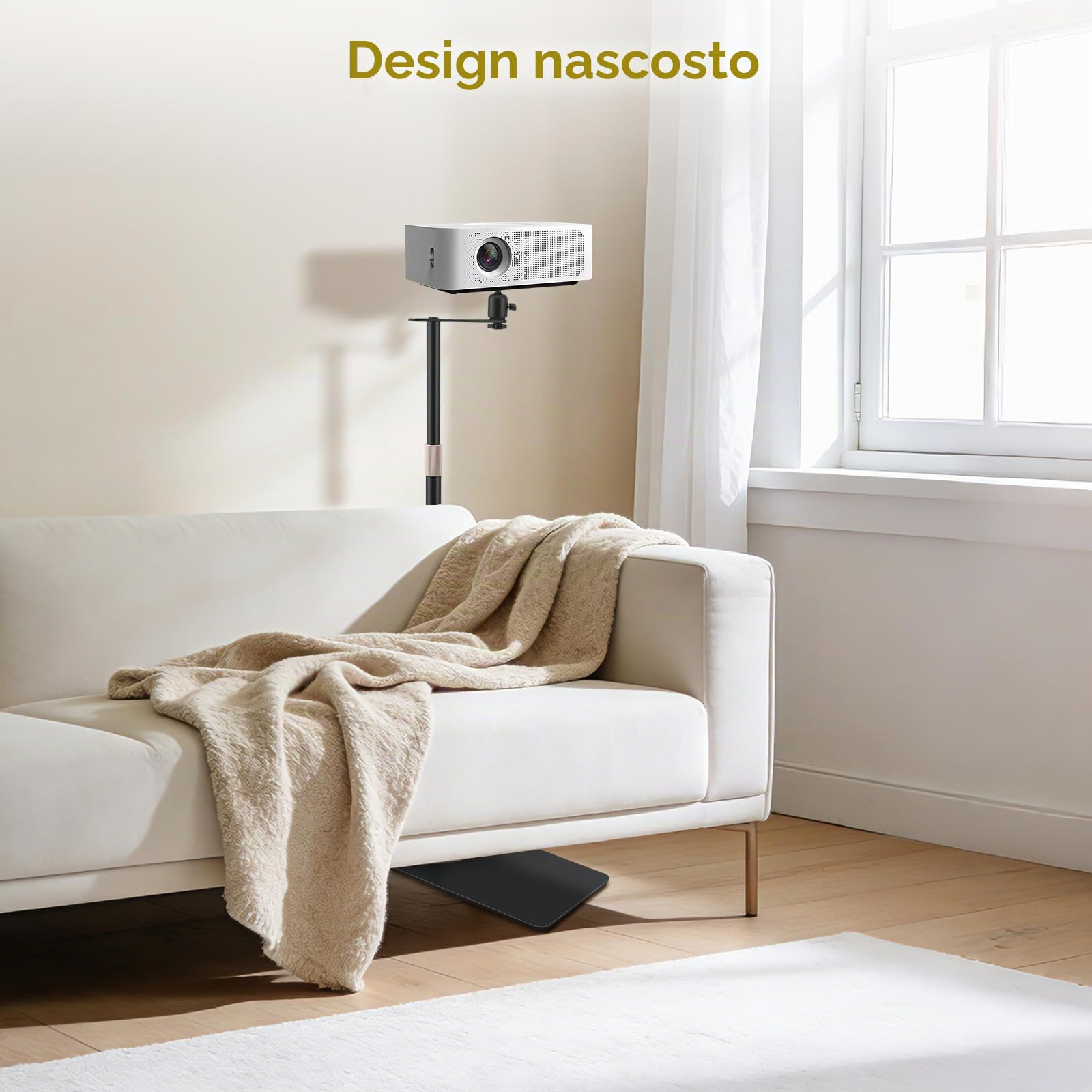 Supporto per Proiettore, Girevole 360°, Dietro il Divano Contro la Parete, Portata 5kg, Altezza Regolabile 30-130 cm, per Casa, Ufficio, Esterno