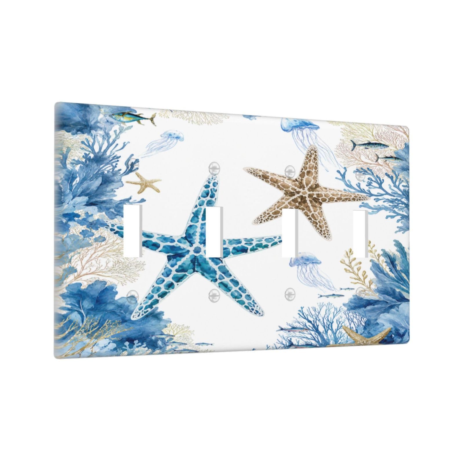 Yamxbfa Decorative Light Switch Cover Plate Blue Starfish Coral Reef Jellyfish Fish Coasta 4 Gang Wall Plates Quad Toggle Electrical Switch Plate Covers Outlet Covers Faceplate for Bathroom Decor