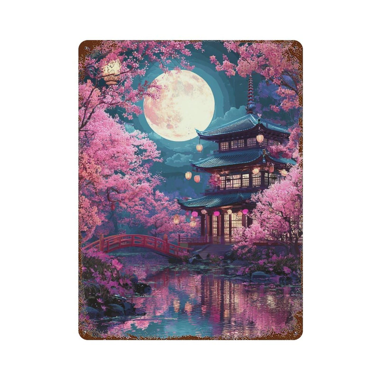 Cherry Blossom Moonlit Pagoda Aged Metal Wall Plaque 15.7"x11.8", for Pub, Kitchen And Man Cave Decor, Decorative Metal Wall Art