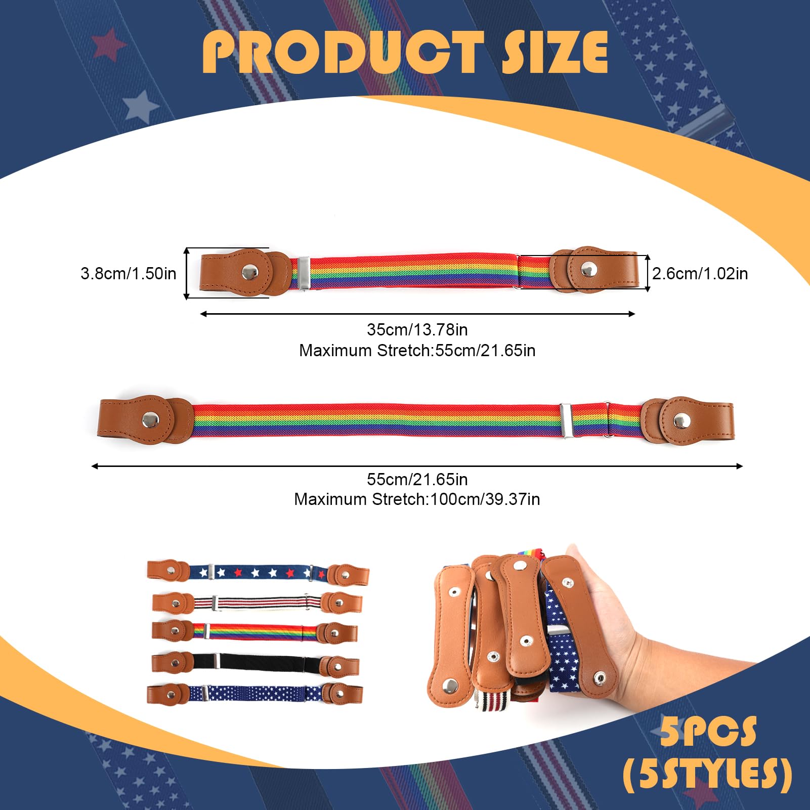 Cinturón elástico para niños ajustable 35-48 cm 5 piezas sin hebilla